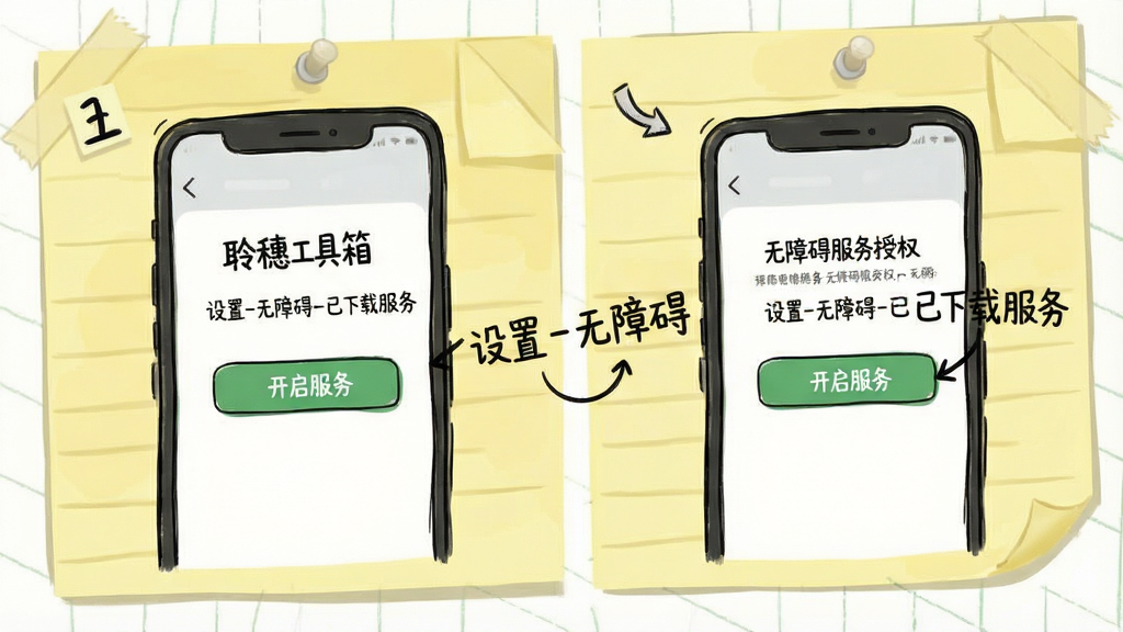 一张分步教程插图,手机屏幕中显示“聆穗工具箱”的无障碍服务授权页面,页面中有“开启服务”按钮,并配有“设置-无障碍-已下载服务”的路径指示箭头,背景为淡黄色便签纸风格,手绘感强,画质干净清晰,无多余元素