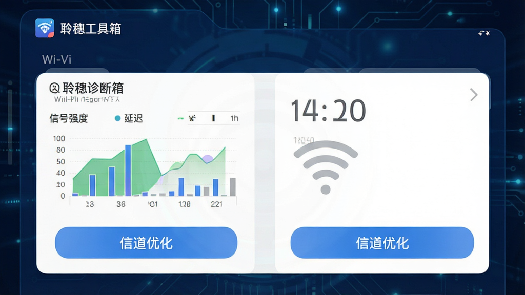 展示手机连接Wi-Fi的诊断页面,屏幕中显示“聆穗工具箱”网络诊断结果,包含信号强度图表、延迟数字和“信道优化”建议按钮,背景为深蓝色科技感界面,数据可视化图表清晰,风格简洁专业,画质高清,无多余元素