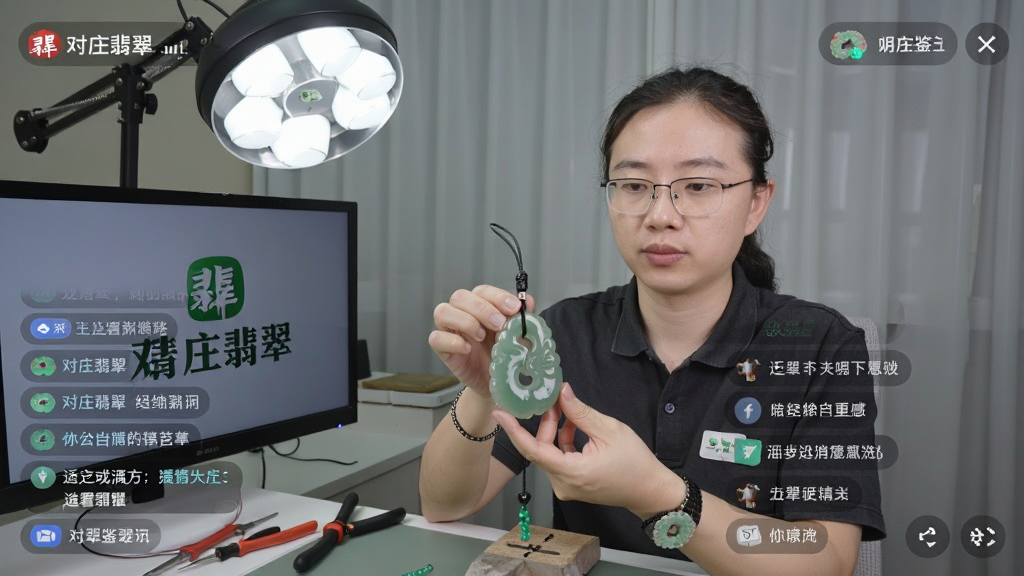 一位翡翠鉴定师在直播间内展示一件翡翠挂件,背景为专业灯光和工具,屏幕上有用户弹幕互动,画面明亮,风格真实,突出“对庄翡翠”品牌字样,画质清晰,无多余元素