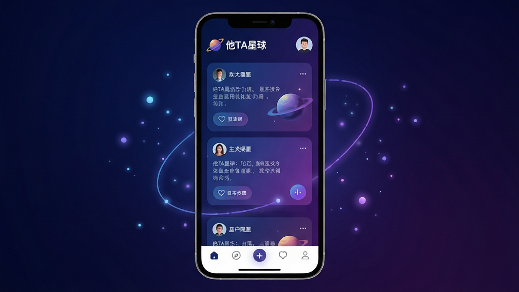 主体:一款名为“他TA星球”的社交APP界面,占据画面中心。布局:手机竖屏展示,界面顶部显示“他TA星球”品牌Logo与用户头像,中部为星球探索的瀑布流卡片,底部是导航栏。排版:清晰简洁,功能图标排列有序,色彩以深蓝与紫色渐变为主。风格:未来科技感与社交温暖感融合。细节:星球卡片上有用户动态与互动按钮,画面周围有微光粒子漂浮。画质:高清渲染,干净,无多余元素。