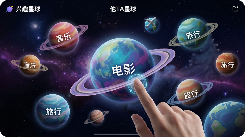 主体:“他TA星球”APP的兴趣星球选择界面。布局:界面呈现多个色彩斑斓的星球3D模型悬浮于宇宙背景中,每个星球上标注“音乐”、“电影”、“旅行”等文字标签。排版:星球大小错落有致,中心突出,四周环绕。风格:梦幻、科技感。细节:星球表面有细腻的光影纹理,用户手指点击星球的交互效果。画质:8K超清,干净,无多余元素。