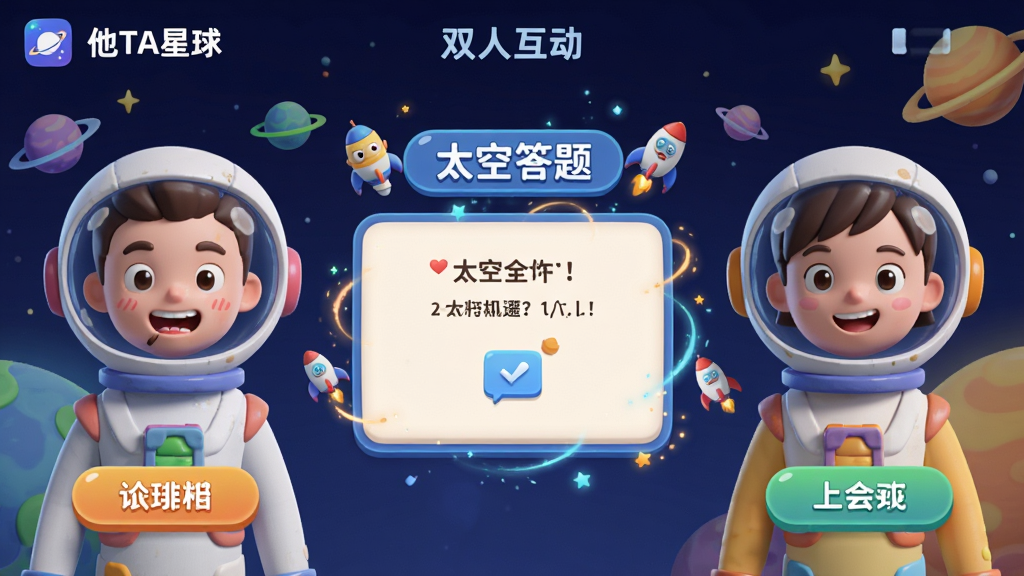 主体:“他TA星球”APP内的双人互动小游戏界面。布局:画面分为左右两侧,分别展示两位用户的3D虚拟形象,中间是互动游戏区域,显示“太空答题”的题目。排版:对称式布局,UI按钮清晰。风格:活泼、明快、卡通渲染风格。细节:虚拟形象有丰富的表情变化,界面带有动态特效。画质:高帧率渲染,干净,无多余元素。