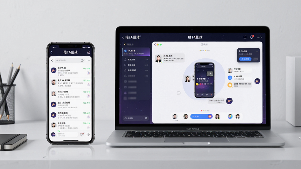 主体:手机与电脑并排展示“他TA星球”APP运行界面。布局:左侧为智能手机,右侧为笔记本电脑,屏幕中均显示“他TA星球”的聊天界面。排版:产品居中,背景为简洁的浅灰色工作台。风格:商务、实用、写实。细节:手机屏幕上显示消息列表,电脑屏幕显示大屏互动界面。画质:4K高清,干净,无多余元素。