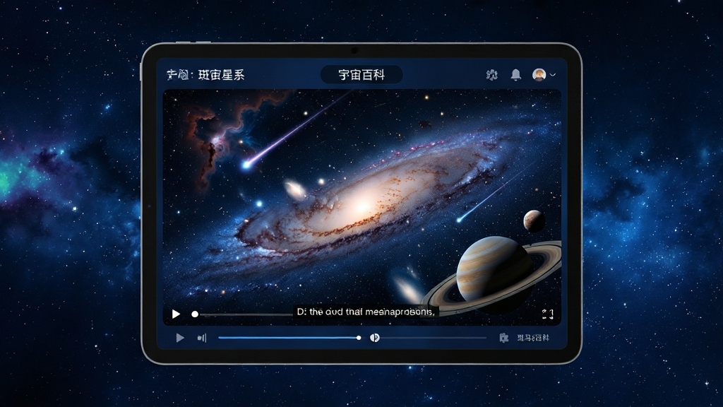 主体:斑马百科App在平板电脑上播放宇宙星系科普视频。布局:全景展示,周围有星空背景,平板居于中心。排版:视频画面占据主要区域,显示星云和行星。风格:科幻与教育融合,深蓝色调,神秘而壮丽。细节:画面中银河系清晰可见,有流星划过,视频下方有字幕解说。画质:高清细腻,干净,无多余元素。