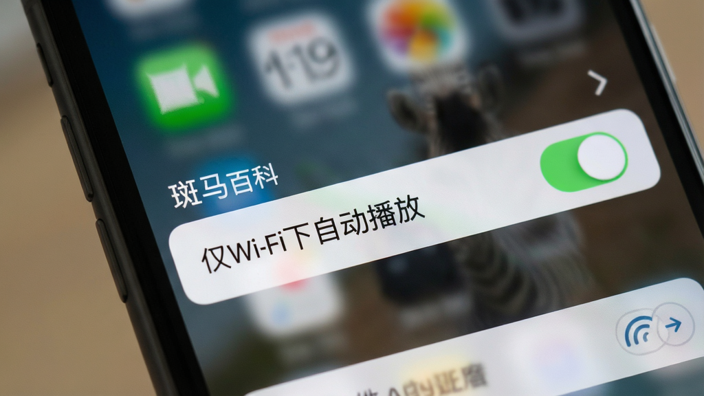 主体:斑马百科App在手机上的播放设置界面,展示“仅Wi-Fi下自动播放”选项。布局:手机屏幕特写,设置菜单展开。排版:清晰的列表选项,有开关按钮。风格:简洁的iOS风格设置界面。细节:选项开关处于开启状态,背景虚化。画质:高清,干净,无多余元素。