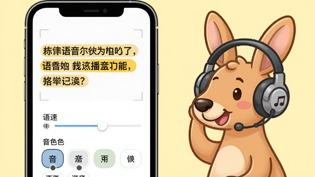 袋鼠语音盒语音播报功能示意图,手机屏幕展示文本朗读界面,文字高亮显示,下方有语速调节滑块和音色选择列表,旁边有卡通袋鼠戴着耳机听音乐的插画,背景为淡黄色,画质清晰干净,无多余元素