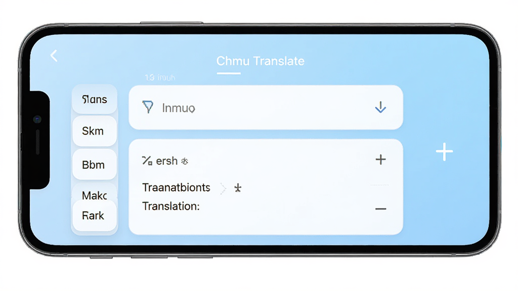 Chmu Translate 是一款多语言翻译软件,主界面简洁现代,中央为输入框和翻译结果区域,背景为淡蓝色渐变,手机屏幕上显示多种语言选项,整体风格清爽、干净,无多余元素,画质高清
