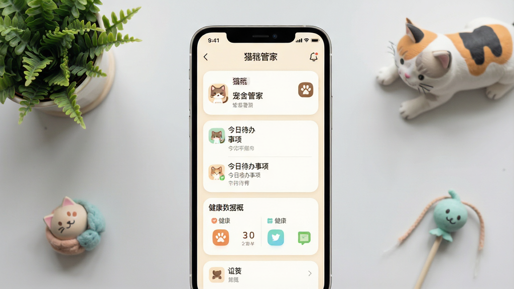 一张展示宠舍管家APP主界面的高清截图,界面设计简约现代,以温暖的米白色为基调。手机屏幕居中显示,背景为浅灰色桌面,桌面上有绿植和猫咪玩具作为点缀。主界面清晰展示猫咪档案列表、今日待办事项和健康数据概览,各个功能模块以圆角卡片形式排列,图标精致可爱,整体画面干净明亮,突出“宠舍管家”四个字的品牌标识,画质细腻,无多余元素。