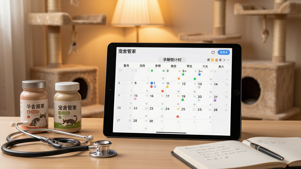 一张宠舍管家APP繁育追踪功能的使用场景图,画面主体为平板电脑,屏幕上显示着一只母猫的配种日历与孕期倒计时,日历上用彩色圆点标记着关键日期。平板电脑周围摆放着听诊器、猫咪营养品和一本记录本,背景是温馨的猫舍一角,有猫爬架和柔和的灯光。整体画面采用暖色调,营造专业且温馨的氛围,屏幕左上角显示“宠舍管家”字样,画质清晰,无多余元素。