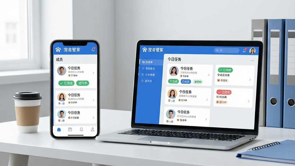 一张宠舍管家APP多人协作功能的概念图,画面展示一部手机和一台笔记本电脑的屏幕,两个设备屏幕上均显示着宠舍管家的任务分配界面。界面中以卡片形式列出不同成员的头像和今日任务,有“已完成”和“进行中”的标签。背景是明亮的现代办公室一角,桌上有咖啡杯和文件夹,整体色调为浅灰色和蓝色,画面风格商务简约,突出“宠舍管家”的软件界面,画质清晰,无多余元素。