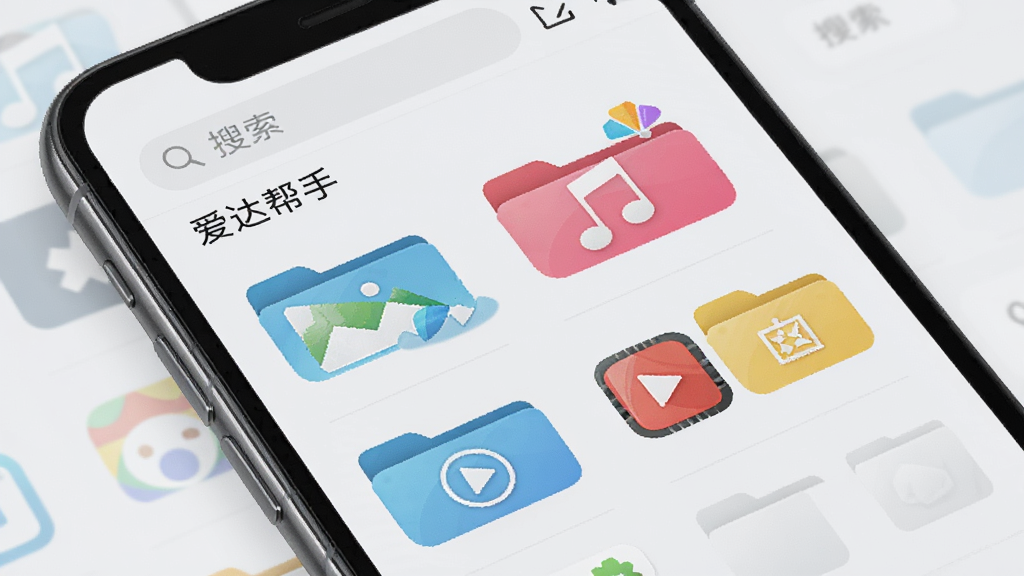 手机界面显示“爱达帮手”文件管理页面,列表中有图片、音乐、视频、文档等彩色文件夹图标,顶部有搜索框,背景为浅灰色,布局规整,排版简洁,风格商务,细节丰富,画质清晰。