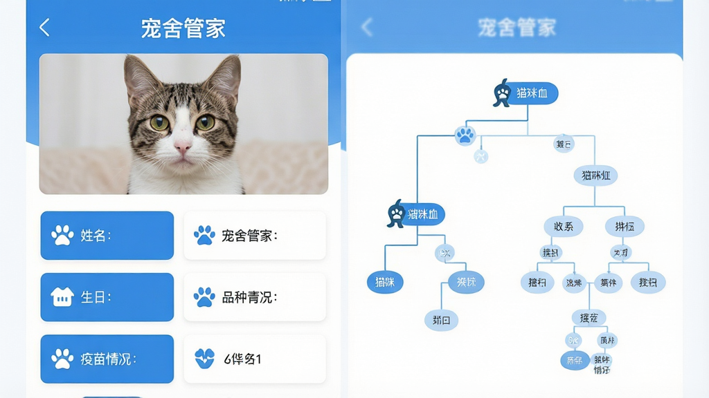 一张宠舍管家APP内部猫咪档案详情页面的预览图,页面采用清爽的蓝白配色,顶部是猫咪的正面照片,下方整齐排列着姓名、品种、生日、疫苗情况等信息卡片。右侧展示着猫咪的血统关系树状图,线条清晰。整体布局采用左右分栏设计,左侧为信息列表,右侧为可视化图表。界面字体清晰,图标简洁,背景为纯白色,突出“宠舍管家”的品牌名称,画质干净,无多余元素。