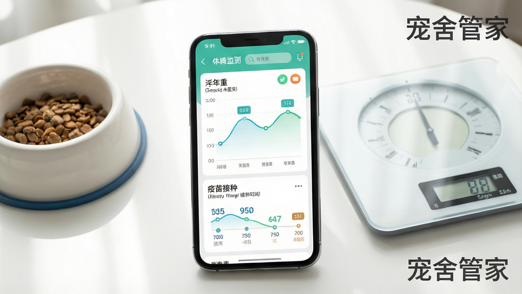 一张宠舍管家APP健康监测功能的图表预览图,画面中央是手机屏幕,屏幕上展示着一只猫咪近半年的体重变化折线图和疫苗接种时间轴。图表配色清新,线条流畅,数据点清晰标注。手机旁摆放着猫咪的喂食碗和一台电子体重秤,背景为简洁的白色桌面,有自然光照射,整体风格干净整洁,图片中突出“宠舍管家”的品牌水印,画质细腻,无多余元素。