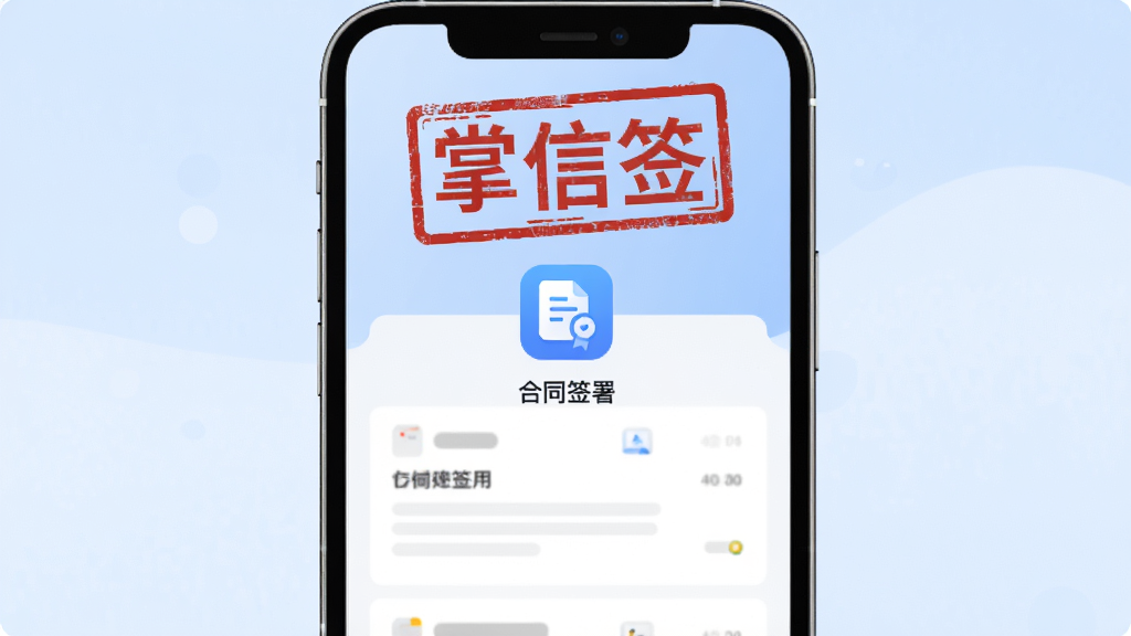 画面主体为一部智能手机屏幕正显示掌信签应用主界面,界面干净简洁,中央有“合同签署”图标,屏幕上方悬浮着红色印章样式的“掌信签”字样,背景为淡蓝色渐变,整体布局居中对称,排版清爽,风格为现代扁平化插画,细节包括屏幕内白色卡片合同列表,画质高清干净,无多余元素
