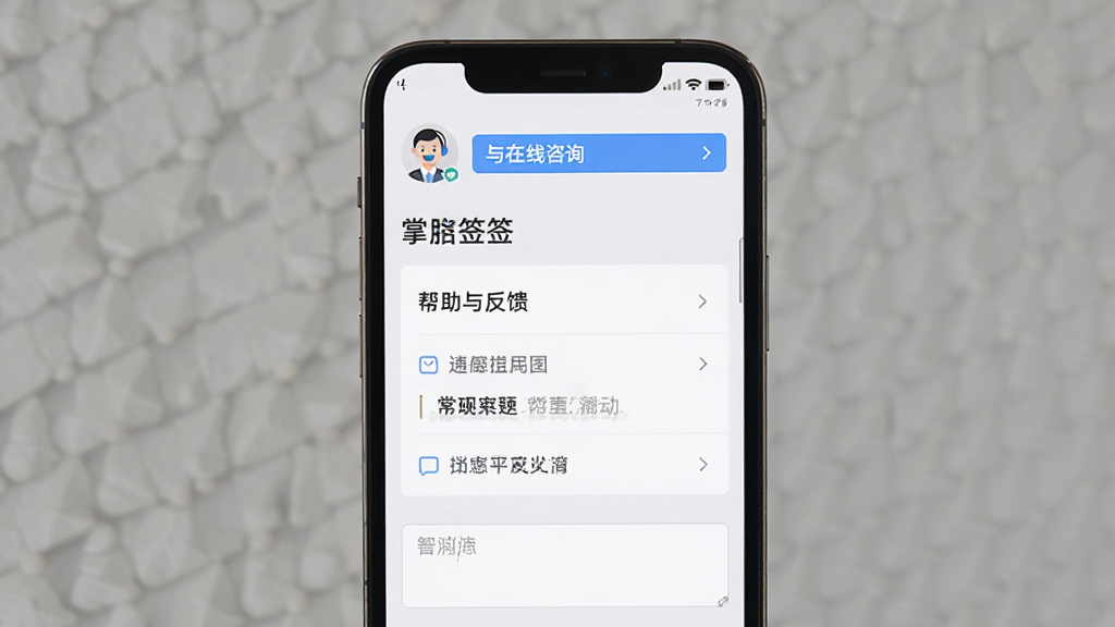 画面主体为一部手机屏幕显示掌信签应用内“帮助与反馈”页面,页面顶部有客服头像与在线咨询按钮,背景为浅灰色,布局为手机屏幕居中特写,排版整洁,风格为简洁UI风格,细节包括屏幕内常见问题列表与输入框,画质高清干净,无多余元素