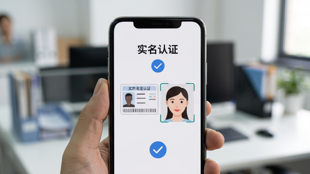 画面主体为一位用户手持身份证进行人脸识别认证的界面截图,手机屏幕上有“实名认证”字样与蓝色对勾图标,背景为办公室场景,布局为手机屏幕特写居中,排版简洁,风格写实,细节包括屏幕内身份证轮廓与面部识别框,画质高清干净,无多余元素