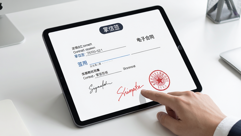 画面主体为平板电脑展示一份电子合同,手指正拖拽一个红色签名到签署区域,屏幕上方显示“掌信签”标签,背景为简约办公桌,布局为平板电脑斜放居中,排版清晰,风格为商务极简风,细节包括合同上清晰的签署字段与印章图案,画质高清干净,无多余元素