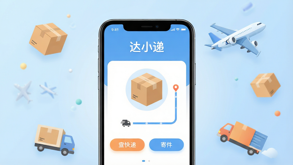 主体:一部智能手机屏幕显示达小递应用界面,界面中有快递包裹图标和物流追踪线路。布局:手机居中,背景为浅蓝色渐变,周围有浮动的快递箱、飞机、货车等元素。排版:应用界面清晰展示“达小递”字样,下方有“查快递”、“寄件”按钮。风格:扁平化、现代感。细节:画面干净明亮,色彩柔和。画质:高清渲染,干净,无多余元素。
