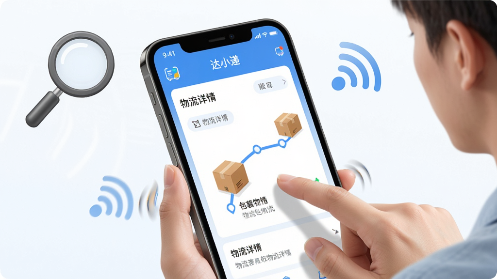 主体:展示达小递应用在手机上的使用场景,用户正在查看物流详情。布局:手机屏幕占据画面主体,周围有放大镜图标和网络信号图标。排版:界面显示“达小递”名称和包裹轨迹。风格:写实与插画结合。细节:用户手指点击屏幕,画面有轻微动感。画质:高清,干净,无多余元素。