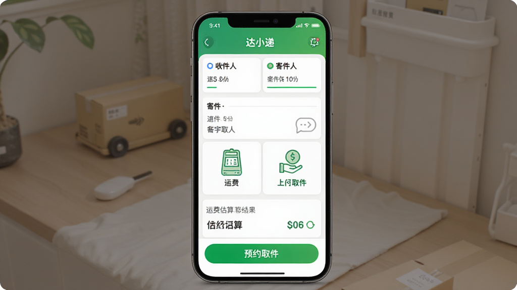 主体:达小递应用寄件页面,显示填写寄件信息表单及快递员上门取件图标。布局:手机居中,上方为收件人/寄件人信息栏,下方为运费估算结果和“预约取件”按钮。排版:表单清晰,按钮醒目。风格:清新自然,绿色点缀。细节:有包裹称重、支付运费等图标。画质:高清,干净,无多余元素。