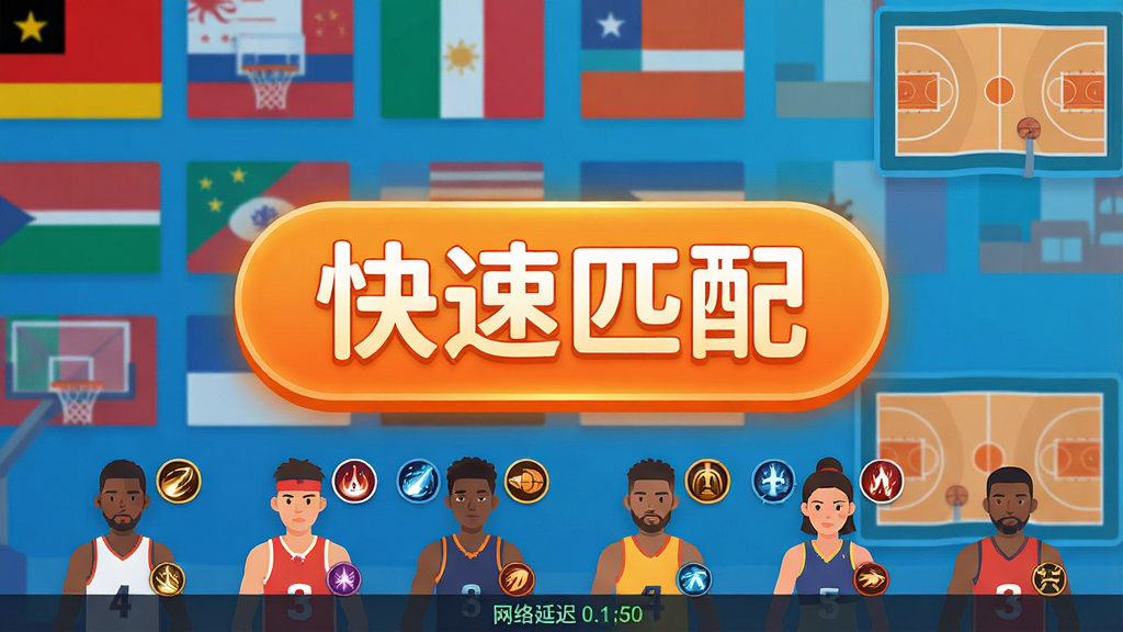 主体:游戏主界面展示“快速匹配”按钮,背景是多个不同国家国旗和篮球场地图标,玩家角色立绘排列在下方。布局:界面居中,按钮醒目,背景层次分明。排版:按钮文字“快速匹配”使用大号圆体字,颜色为橙色发光效果。风格:现代扁平化UI设计,色彩明快。细节:角色立绘带有技能图标,底部有网络延迟显示。画质:UI界面高清,干净,无多余元素。