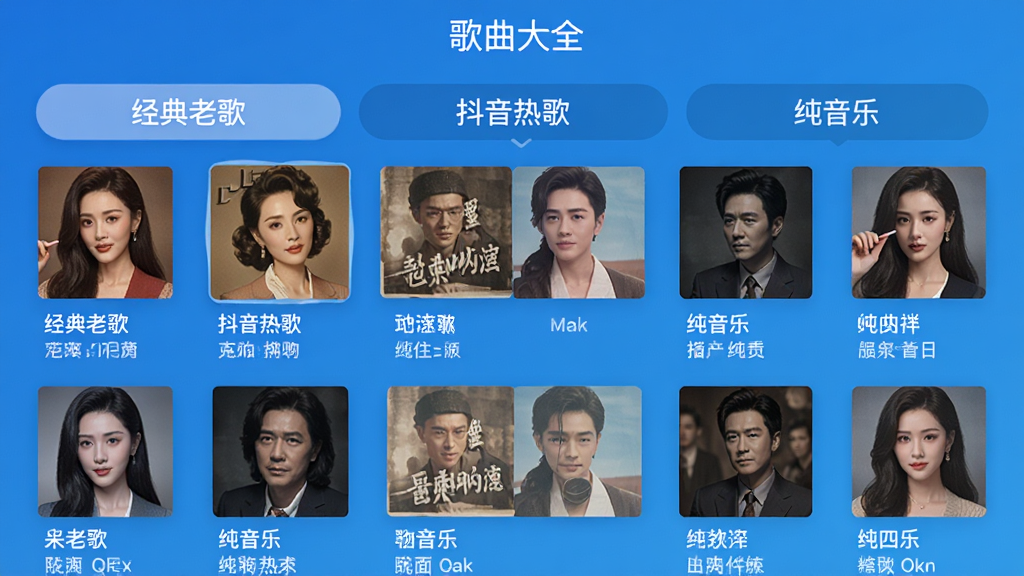 歌曲大全应用曲库界面截图,显示多个歌曲分类标签如“经典老歌”、“抖音热歌”、“纯音乐”,每首歌都有歌名和歌手信息,背景为蓝色调,界面布局整齐,风格清新,画质高清,无多余元素,顶部有“歌曲大全”字样