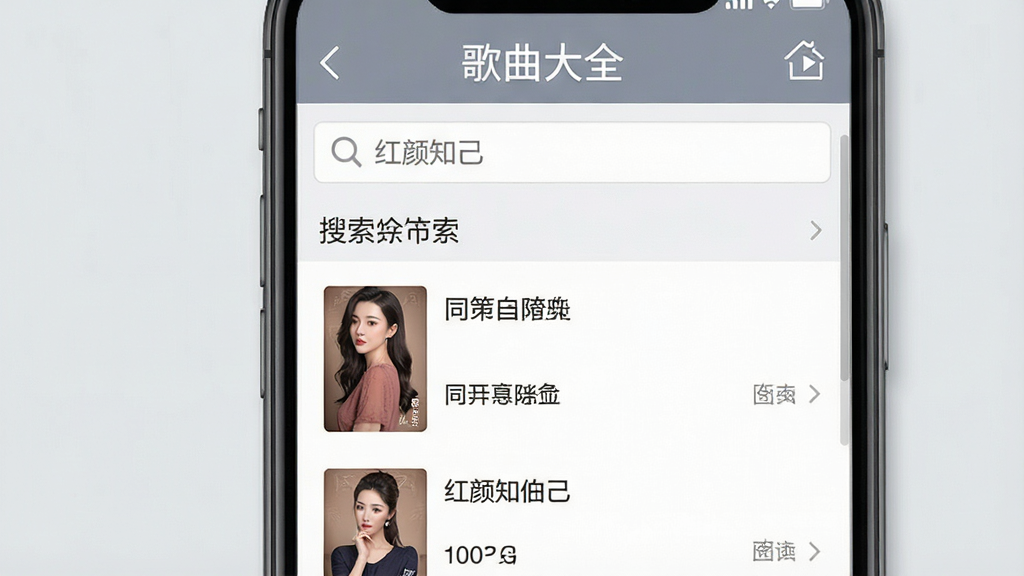 歌曲大全应用搜索功能演示图,手机屏幕显示搜索框和搜索结果列表,搜索关键词为“红颜知己”,结果中显示多首同名歌曲,背景为浅灰色,界面简洁明亮,风格商务,画质干净,无多余元素,顶部有“歌曲大全”字样