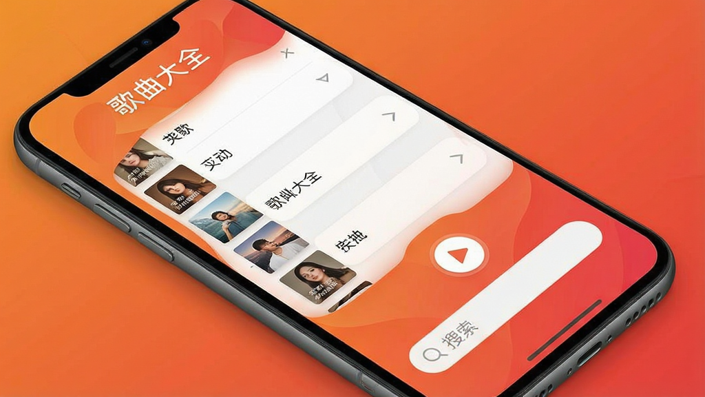 一张手机屏幕显示歌曲大全应用界面的高清图片,界面中有歌曲列表、播放按钮和搜索框,背景为温暖的橙红色渐变,整体风格简约现代,画质清晰干净,无多余元素,文字标注“歌曲大全”四个字