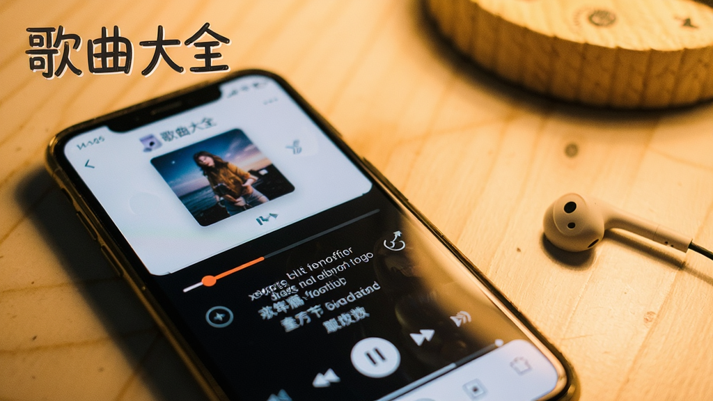 一张手机播放歌曲的实拍图,屏幕显示歌曲大全播放界面,带有进度条和歌词滚动,耳机放在旁边,背景为暖色调,画面清晰,无多余元素,文字标注“歌曲大全”