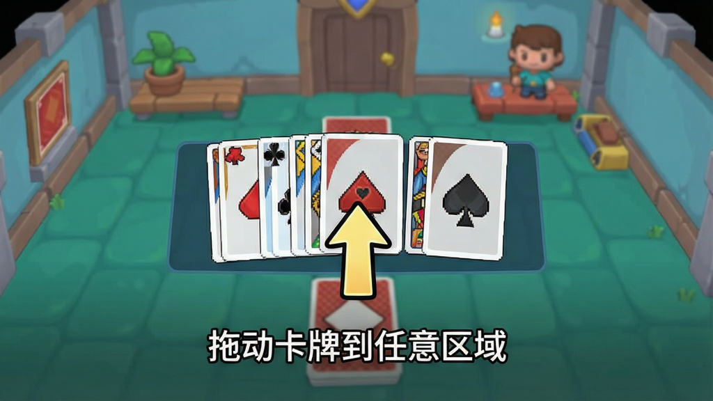 游戏新手引导界面截图,画面中央有一个箭头指向手牌区域,下方有文字说明“拖动卡牌到任意区域”,背景为教学关卡场景,风格简洁明快,画质清晰,干净无多余元素。