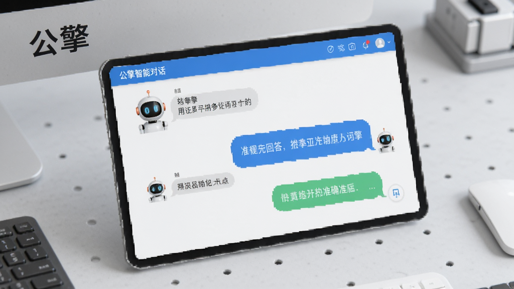 展示公擎智能对话界面,用户输入问题,机器人给出准确回答,对话气泡清晰,背景为浅灰色工作台,有“公擎”字样,整体布局合理,排版美观,风格专业,细节到位,画质清晰,干净无多余元素