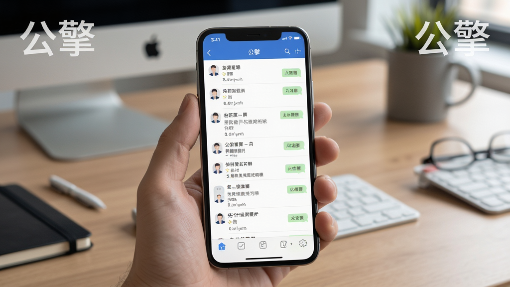 展示公擎在手机上运行的界面,手机屏幕显示对话列表,背景为办公桌面,有“公擎”水印,布局合理,排版清晰,风格写实,细节丰富,画质高清,干净无多余元素
