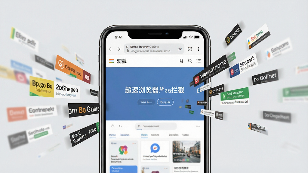 超速浏览器广告拦截功能示意,手机屏幕显示干净网页,四周有被拦截的广告碎片化消失,背景浅灰,布局简洁,风格写实,细节清晰,画质干净