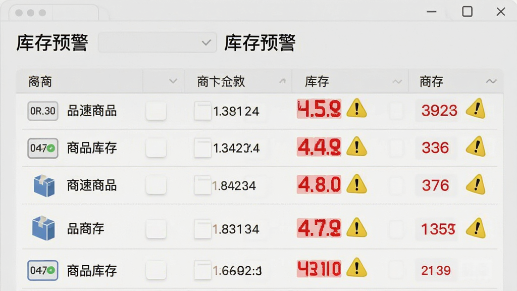 易速进销存软件库存预警功能截图,画面展示库存列表页面,其中几款商品库存数量用红色数字标出,旁边有黄色感叹号预警图标,页面顶部有“库存预警”标题,背景为浅灰色,整体风格简洁清晰,细节真实,画质干净,无多余元素