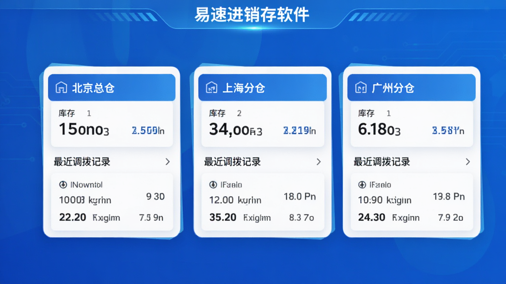 易速进销存软件多仓库管理界面示意图,画面展示多个仓库卡片,分别标注“北京总仓”“上海分仓”“广州分仓”,每个卡片显示库存数量和最近调拨记录,背景为蓝色渐变,整体风格科技感,细节丰富,画质干净,无多余元素
