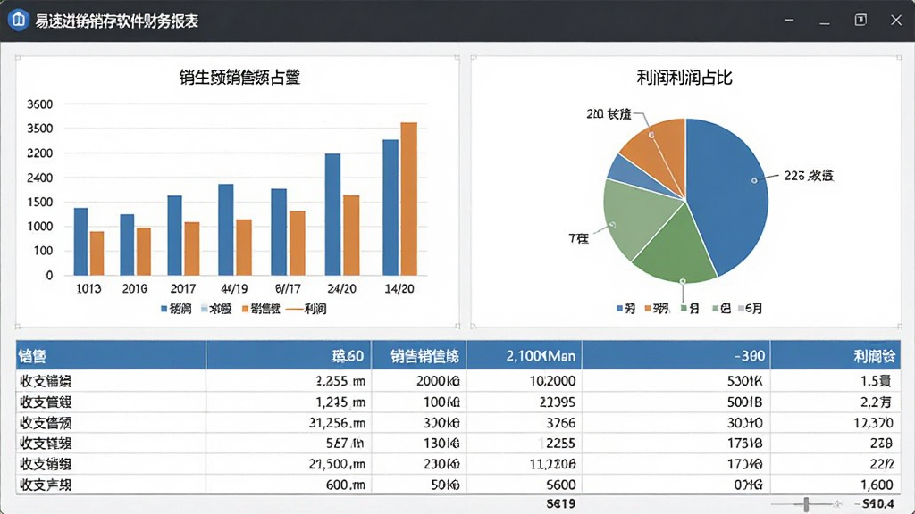 易速进销存软件财务报表界面截图,画面展示柱状图和饼图,分别显示销售额和利润占比,下方有表格列出收支明细,背景为白色,整体风格商务专业,颜色搭配协调,细节清晰,画质干净,无多余元素