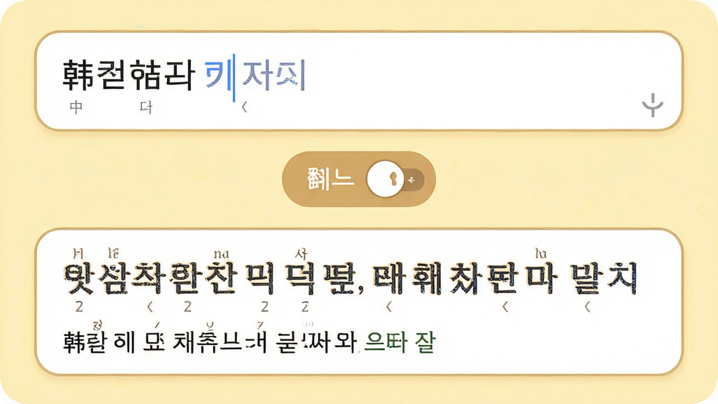 主体:韩语输入法软件内置翻译功能界面,上半部分为中文输入框,下半部分显示韩文翻译结果。布局:上下分栏设计,中间有翻译方向切换按钮,背景为淡黄色。排版:输入框和结果框均为圆角矩形,按钮居中。风格:学习工具风格,温馨友好。细节:翻译结果中韩文带有发音标注,例句显示在下方。画质:高清、干净、无多余元素。
