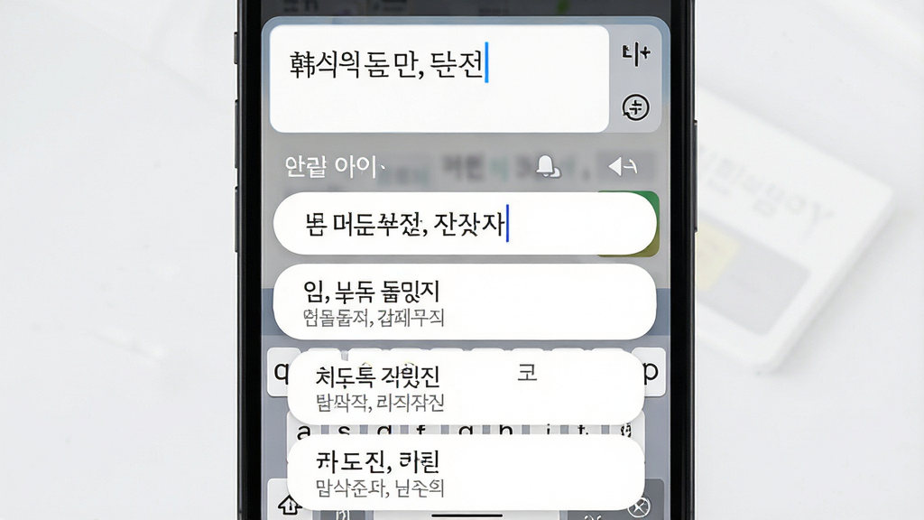 主体:韩语输入法软件在手机屏幕上运行的截图,显示输入框内已输入韩文单词,下方弹出联想词列表。布局:手机竖屏展示,输入框位于屏幕上方,联想词列表以纵向排列在键盘上方。排版:界面简洁,联想词条采用圆角卡片样式,背景为白色。风格:清新自然,适合移动端UI。细节:联想词条包含韩文和中文释义,输入框内有光标闪烁。画质:高清、干净、无多余元素。
