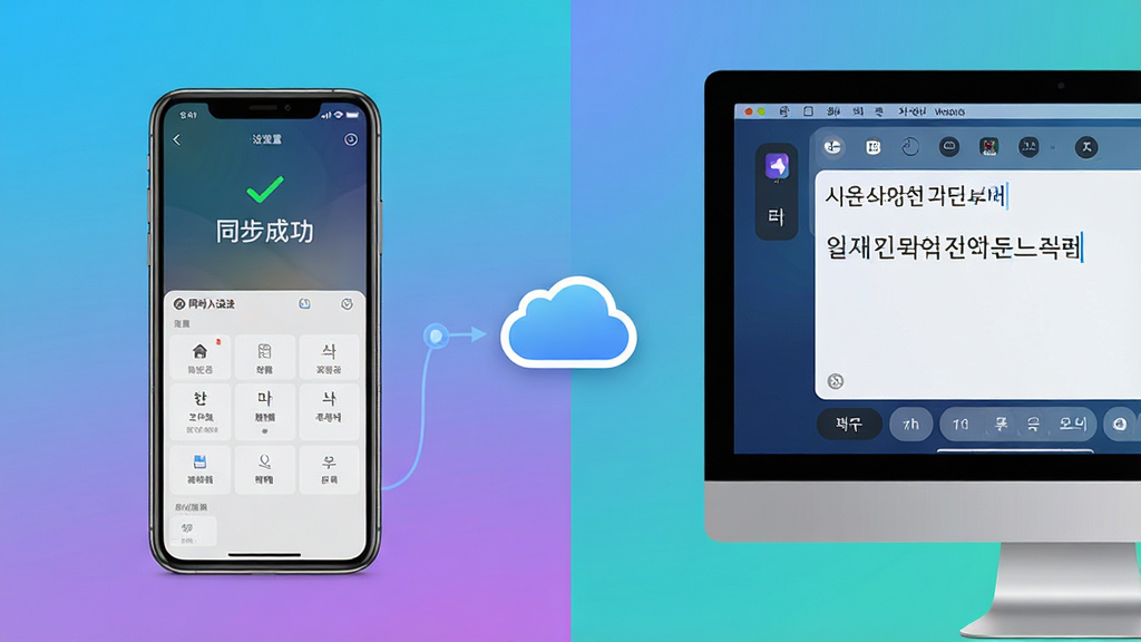 主体:韩语输入法软件在手机和电脑上的同步演示,手机屏幕显示设置界面,电脑屏幕显示输入状态。布局:左右分屏,左侧为手机,右侧为电脑,中间有云朵图标连接。排版:设备居中,背景为渐变色。风格:科技感,现代。细节:手机上显示“同步成功”字样,电脑上显示韩文输入框。画质:高清、干净、无多余元素。