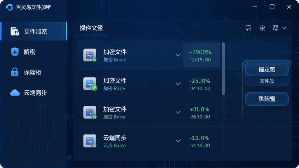 百灵鸟文件加密主界面预览图,界面采用深蓝色科技风格,左侧功能导航栏清晰列出文件加密、解密、保险柜、云端同步等模块,中央区域展示加密文件列表与加密状态图标,右侧悬浮操作按钮,整体布局简洁大气,细节精致,画质高清干净,无多余元素