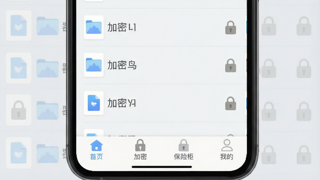 百灵鸟文件加密移动端操作界面示意图,手机屏幕显示文件列表,每个文件右侧有加密锁图标,底部导航栏有“首页、加密、保险柜、我的”四个标签,背景为淡灰色,风格扁平化,布局清晰,细节精致,画质干净
