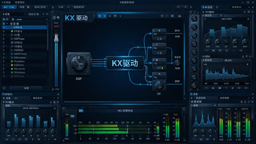 主体:KX驱动软件界面截图,背景为深色专业音频控制面板,中央显示DSP连线图,四周分布着多个插件窗口。布局:界面布局清晰,左侧为设备列表,右侧为效果链路由,底部为电平表。排版:窗口排列有序,信息层次分明。风格:科技感与专业感并重,色调以深蓝与黑色为主,搭配亮蓝色高亮线条。细节:DSP连线图上清晰标注“KX驱动”字样,插件窗口显示均衡器与混响器界面,电平表有绿色动态指示。画质:8K超高清,细节丰富,干净无多余元素。