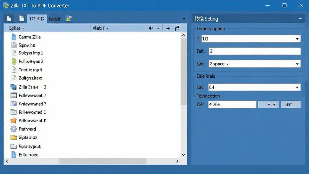 Zilla TXT To PDF Converter软件界面预览图,主界面简洁,左侧为文件列表,右侧为转换设置选项,整体采用蓝色系商务风格,布局清晰,画质干净,无多余元素