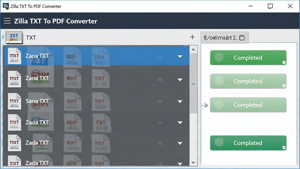 Zilla TXT To PDF Converter批量转换功能演示图,软件界面中显示多个TXT文件列表,点击转换按钮后,文件状态变为已完成,画面明亮,风格写实,画质干净,无多余元素