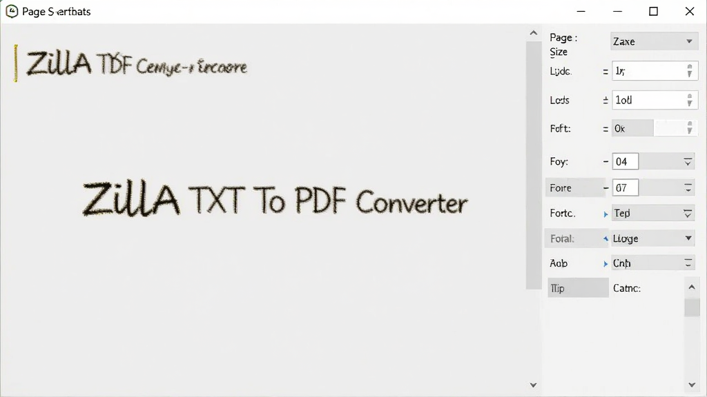 Zilla TXT To PDF Converter页面设置功能展示图,软件右侧面板显示页面大小、边距、字体等选项,背景为浅灰色,界面简洁清晰,画质干净,无多余元素