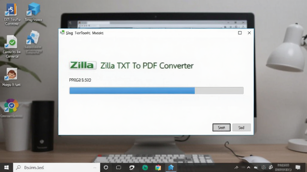 Zilla TXT To PDF Converter转换过程截图,软件界面显示进度条,文件正在转换中,背景为桌面,风格写实,画质干净,无多余元素
