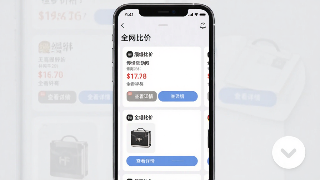 主体为“缦缦”应用内的比价界面,屏幕显示多款商品卡片并排对比,每张卡片标有平台名称、价格数字和“查看详情”按钮,顶部有“全网比价”标题,背景为浅灰色,布局整齐,风格清爽,细节清晰,画质干净,无多余元素