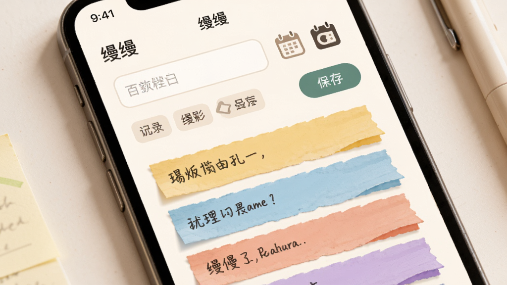 主体为“缦缦”应用的记录页面,界面有输入框、日历图标、标签和保存按钮,下方是几条彩色便签样式的记录条目,背景为暖白色,布局错落有致,风格温馨,细节丰富,画质细腻,干净无多余元素