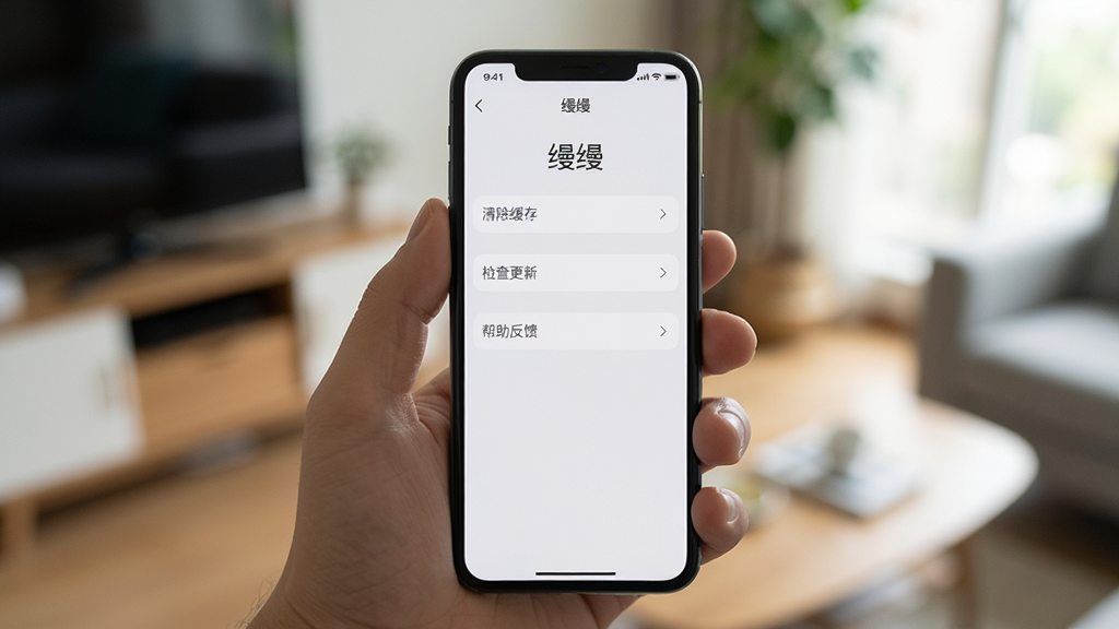 主体为一部手机握在手中,屏幕显示“缦缦”应用的设置页面,有“清除缓存”、“检查更新”、“帮助反馈”等选项,背景为模糊的室内环境,布局自然,风格写实,细节真实,画质清晰,干净无多余元素