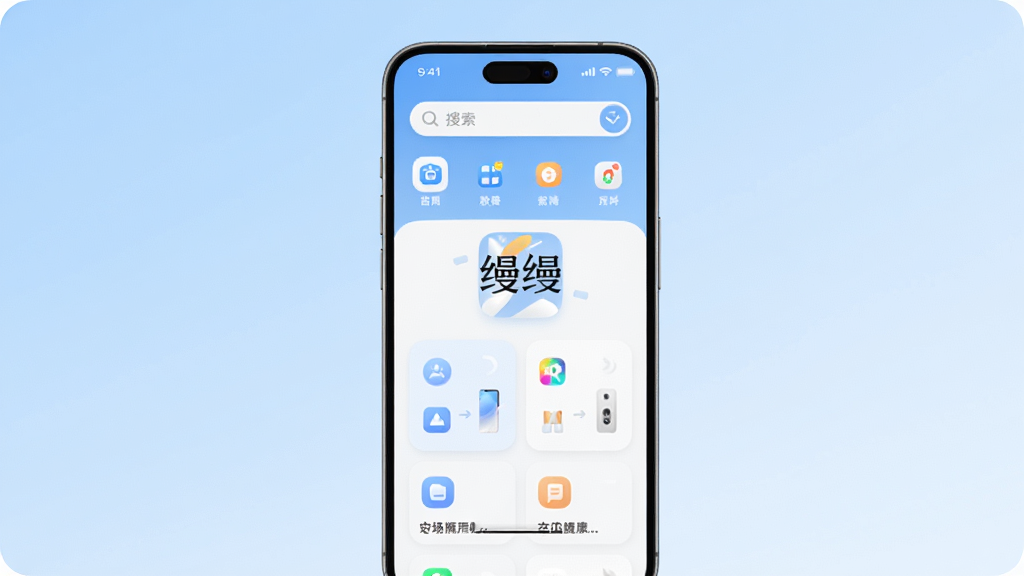 主体为一部亮屏智能手机,屏幕中央显示“缦缦”应用主界面,界面采用扁平化设计,上方有搜索栏和功能图标,下方有整齐的功能模块列表,整体布局简洁清晰,背景为淡蓝色渐变,风格现代简约,细节圆润,画质高清,干净无多余元素